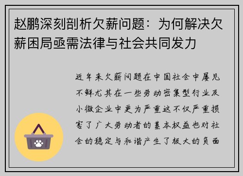 赵鹏深刻剖析欠薪问题：为何解决欠薪困局亟需法律与社会共同发力